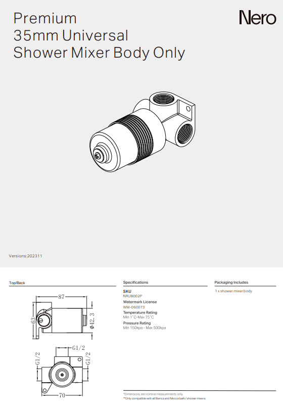 NERO PREMIUM 35MM UNIVERSAL SHOWER MIXER BODY ONLY - Ideal Bathroom CentreNRUB002P