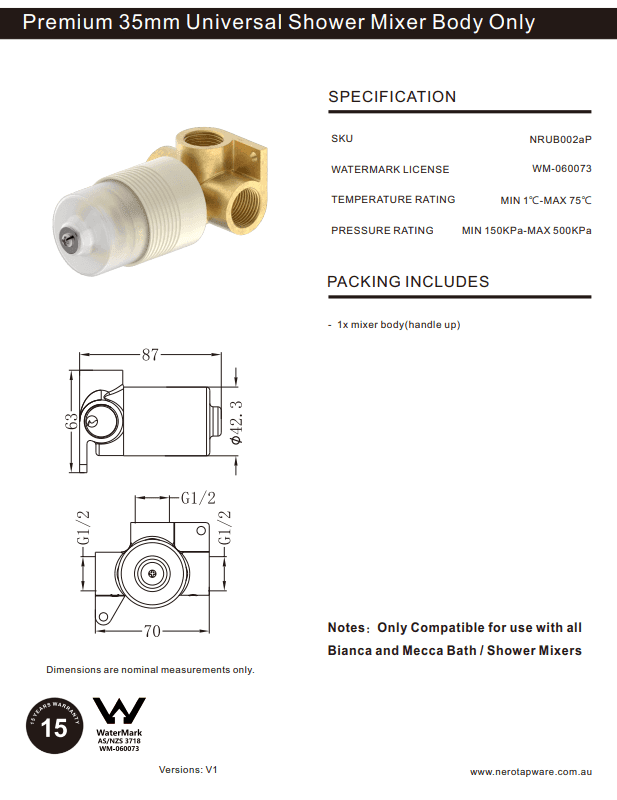 NERO PREMIUM 35MM UNIVERSAL SHOWER MIXER HANDLE UP BODY ONLY - Ideal Bathroom CentreNRUB002AP