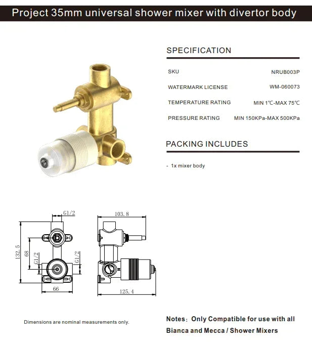 NERO PREMIUM 35MM UNIVERSAL SHOWER MIXER WITH DIVERTOR BODY ONLY - Ideal Bathroom CentreNRUB003P