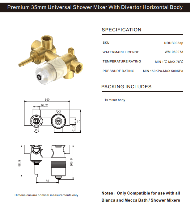NERO PREMIUM 35MM UNIVERSAL SHOWER MIXER WITH DIVERTOR HORIZONTAL BODY ONLY - Ideal Bathroom CentreNRUB003AP