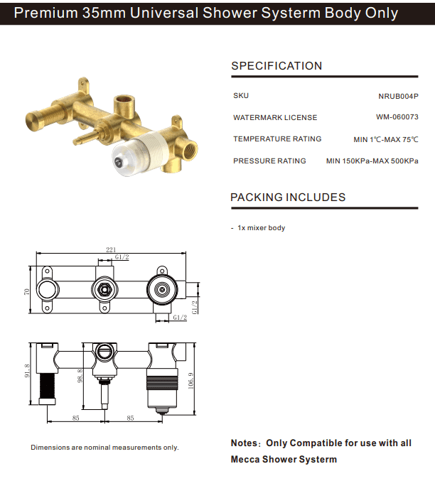 NERO PREMIUM 35MM UNIVERSAL SHOWER SYSTEM BODY ONLY - Ideal Bathroom CentreNRUB004P