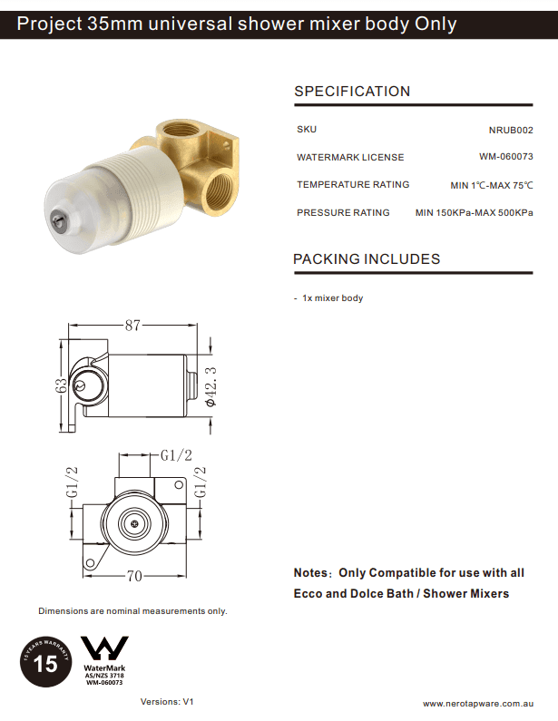 NERO PROJECT 35MM UNIVERSAL SHOWER MIXER BODY ONLY - Ideal Bathroom CentreNRUB002