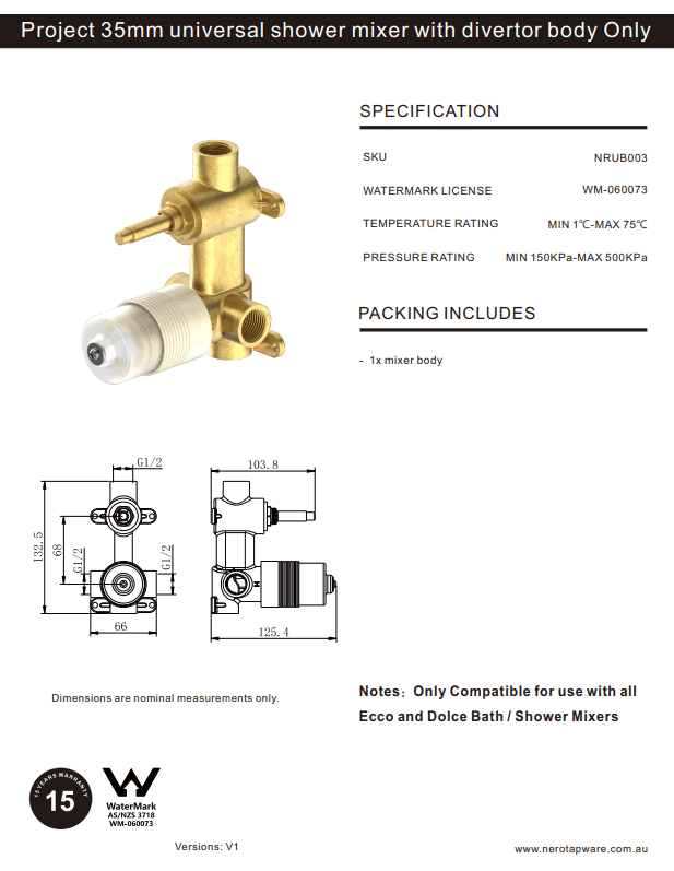 NERO PROJECT 35MM UNIVERSAL SHOWER MIXER WITH DIVERTOR BODY ONLY - Ideal Bathroom CentreNRUB003