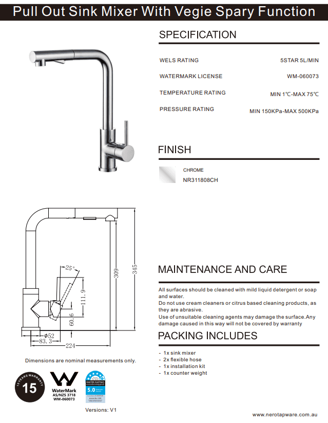 NERO PULL OUT SINK MIXER WITH VEGIE SPRAY FUNCTION CHROME - Ideal Bathroom CentreNR311808CH