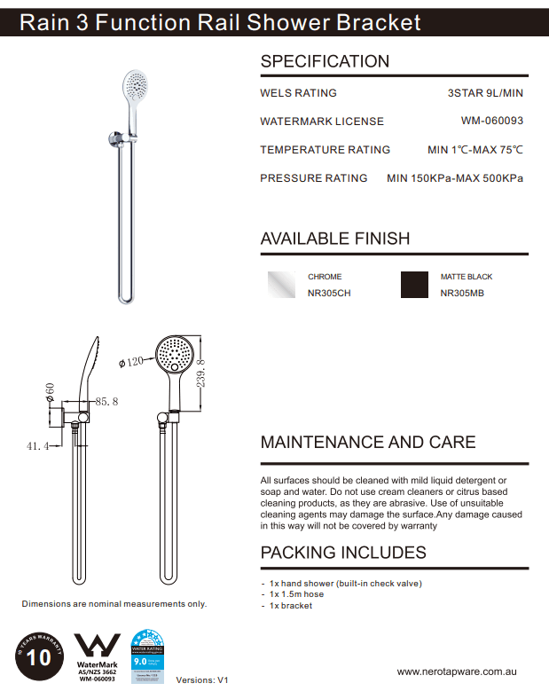 NERO RAIN 3 FUNCTION SHOWER ON BRACKET CHROME - Ideal Bathroom CentreNR305CH