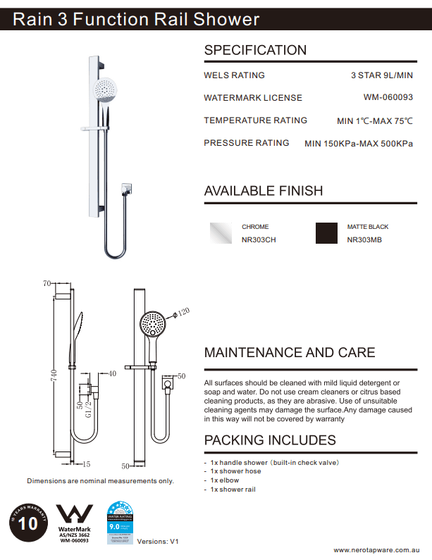 NERO RAIN 3 FUNCTION SHOWER RAIL CHROME - Ideal Bathroom CentreNR303CH