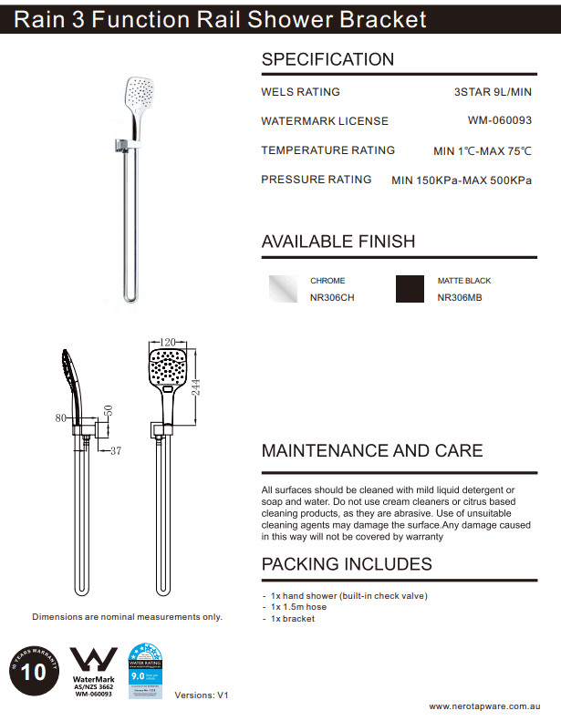 NERO RAIN SQUARE 3 FUNCTION SHOWER ON BRACKET MATTE BLACK - Ideal Bathroom CentreNR306MB