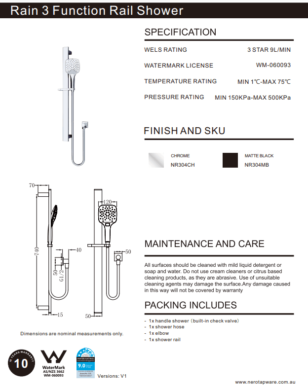 NERO RAIN SQUARE 3 FUNCTION SHOWER RAIL CHROME - Ideal Bathroom CentreNR304CH