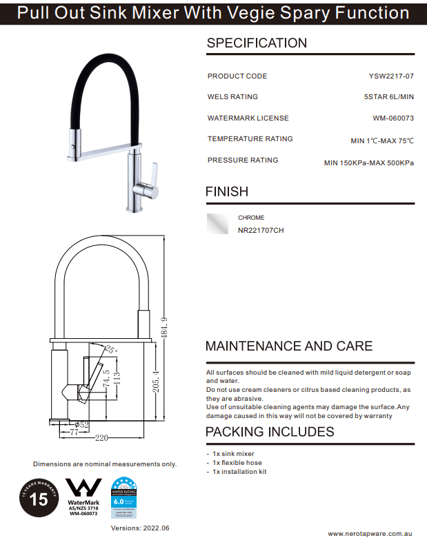 NERO RIT PULL OUT SINK MIXER CHROME - Ideal Bathroom CentreNR221707CH