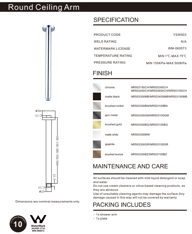 NERO ROUND CEILING ARM 100MM LENGTH CHROME - Ideal Bathroom CentreNR503100CH