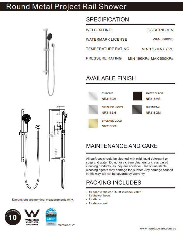 NERO ROUND METAL PROJECT RAIL SHOWER BRUSHED NICKEL - Ideal Bathroom CentreNR318BN