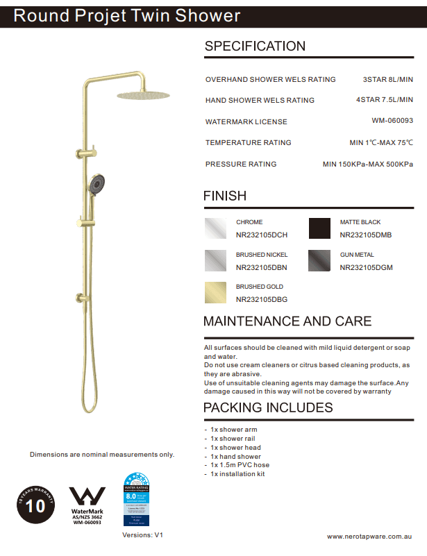 NERO ROUND PROJECT TWIN SHOWER BRUSHED GOLD - Ideal Bathroom CentreNR232105DBG