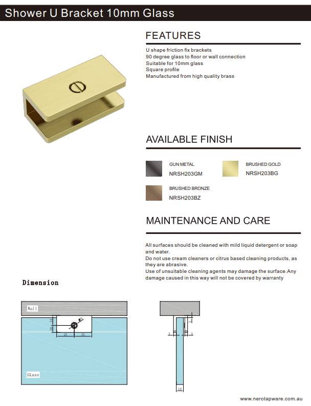 NERO SHOWER U BRACKET 10MM GLASS GUN METAL - Ideal Bathroom CentreNRSH203GM