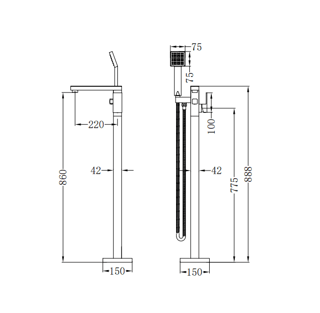 NERO SQUARE FREESTANDING BATH MIXER WITH HAND SHOWER CHROME - Ideal Bathroom CentreNR310703aCH