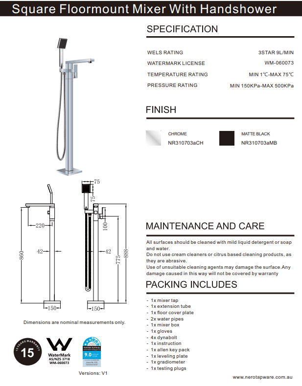 NERO SQUARE FREESTANDING BATH MIXER WITH HAND SHOWER MATTE BLACK - Ideal Bathroom CentreNR310703aMB