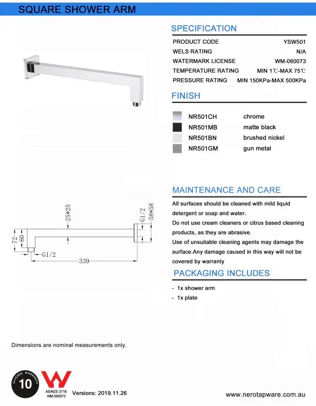 NERO SQUARE SHOWER ARM MATTE BLACK - Ideal Bathroom CentreNR501MB