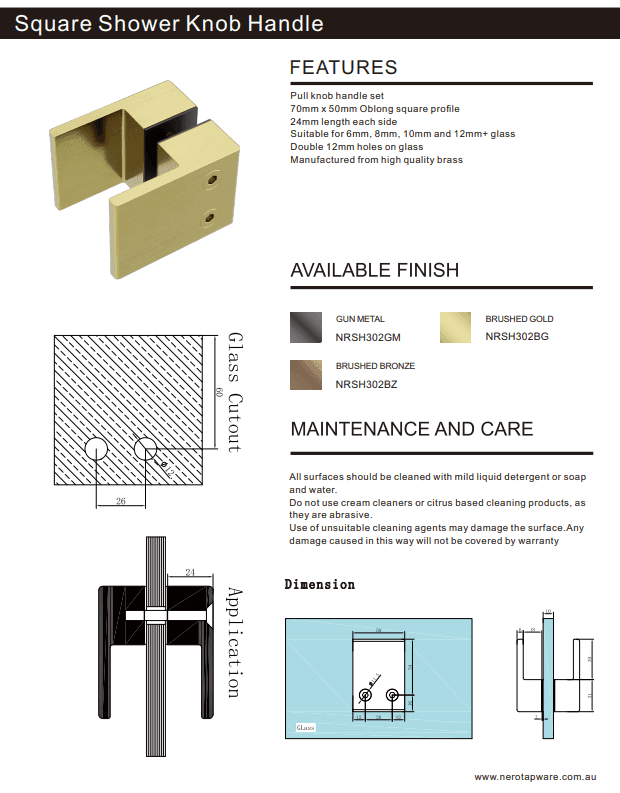 NERO SQUARE SHOWER KNOB HANDLE GUN METAL - Ideal Bathroom CentreNRSH302GM