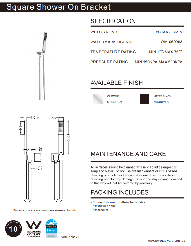 NERO SQUARE SHOWER ON BRACKET CHROME - Ideal Bathroom CentreNR309CH