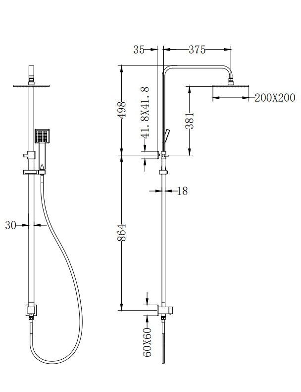 NERO SQUARE TWIN SHOWER BOTTOM INLET CHROME - Ideal Bathroom CentreNR200705bbCH