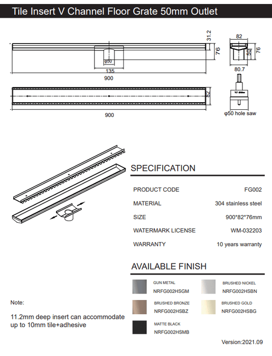 NERO TILE INSERT V CHANNEL FLOOR GRATE 50MM OUTLET WITH HOLE SAW BRUSHED BRONZE - Ideal Bathroom CentreNRFG002HSBZ