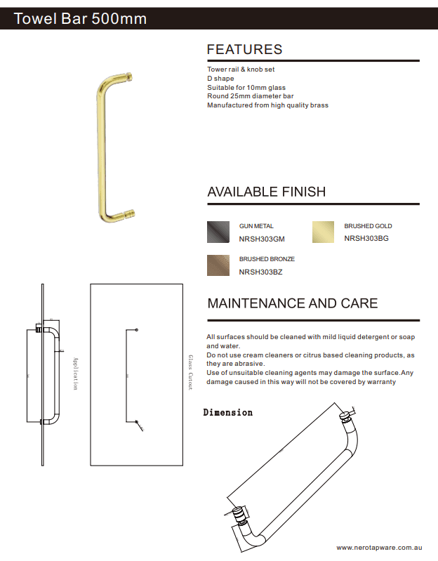 NERO TOWEL BAR 500MM BRUSHED GOLD - Ideal Bathroom CentreNRSH303BG