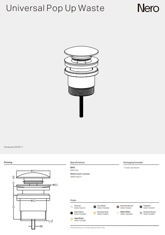 NERO UNIVERSAL POP UP WASTE GRAPHITE - Ideal Bathroom CentreNRA706GR