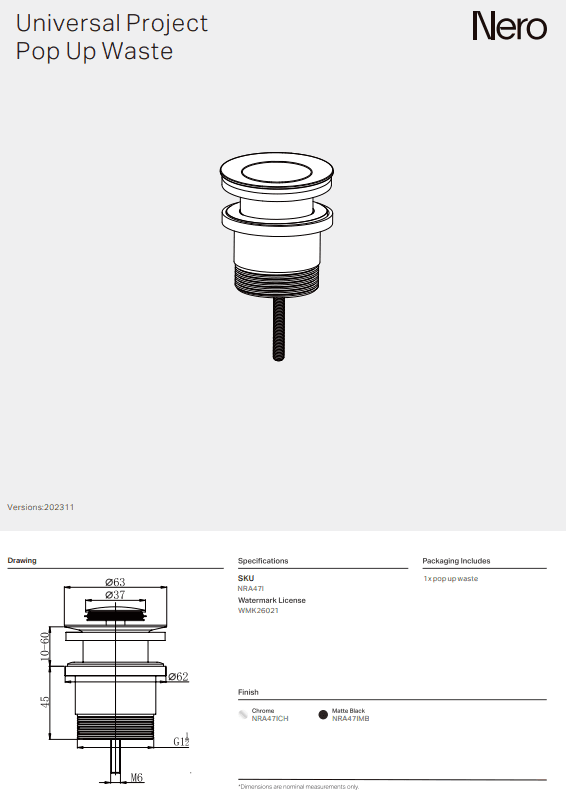 NERO UNIVERSAL PROJECT POP UP WASTE MATTE BLACK - Ideal Bathroom CentreNRA47lMB