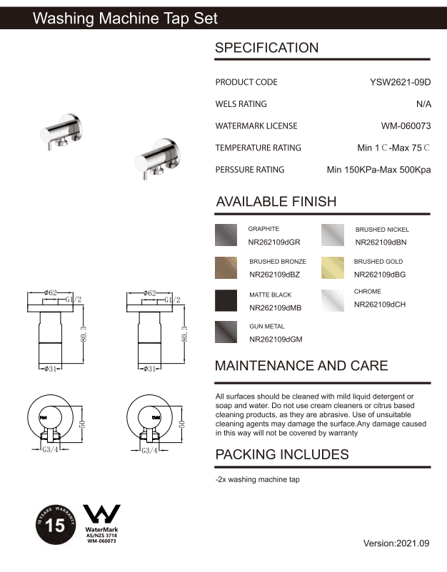 NERO WASHING MACHINE TAP SET GRAPHITE - Ideal Bathroom CentreNR262109dGR