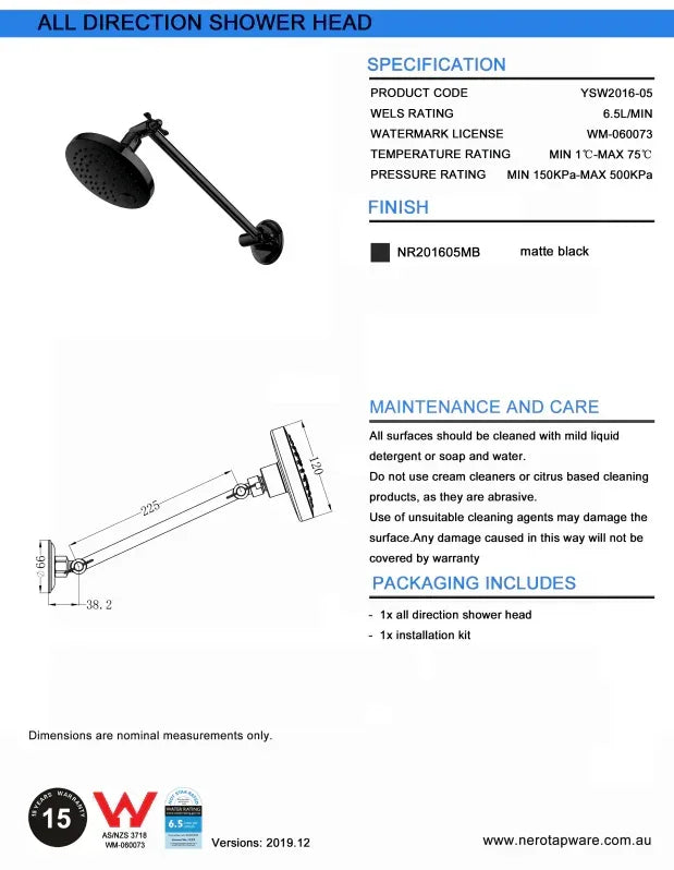 NERO X PLUS ALL DIRECTION SHOWER HEAD MATTE BLACK - Ideal Bathroom CentreNR201605MB