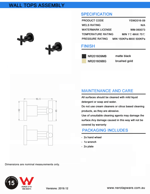 NERO X PLUS WALL TOPS ASSEMBLY MATTE BLACK - Ideal Bathroom CentreNR201609MB