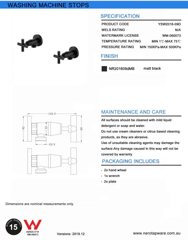 NERO X PLUS WASHING MACHINE STOPS MATTE BLACK - Ideal Bathroom CentreNR201609dMB