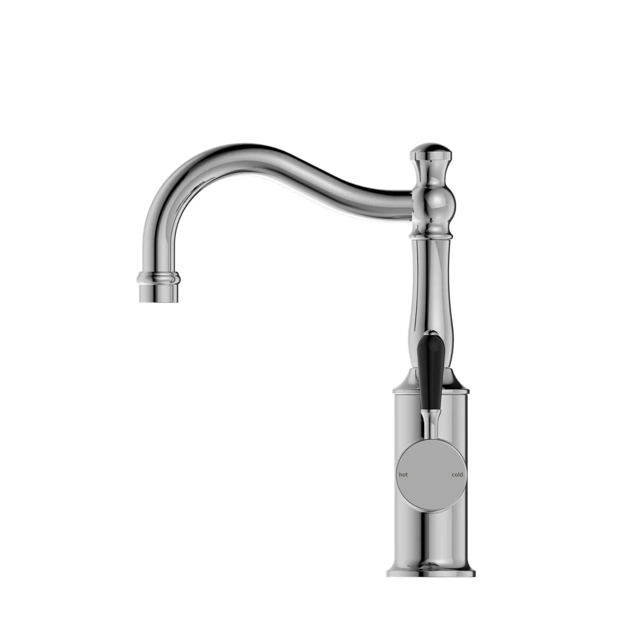 NERO YORK BASIN MIXER HOOK SPOUT WITH BLACK PORCELAIN LEVER CHROME - Ideal Bathroom CentreNR69210203CH