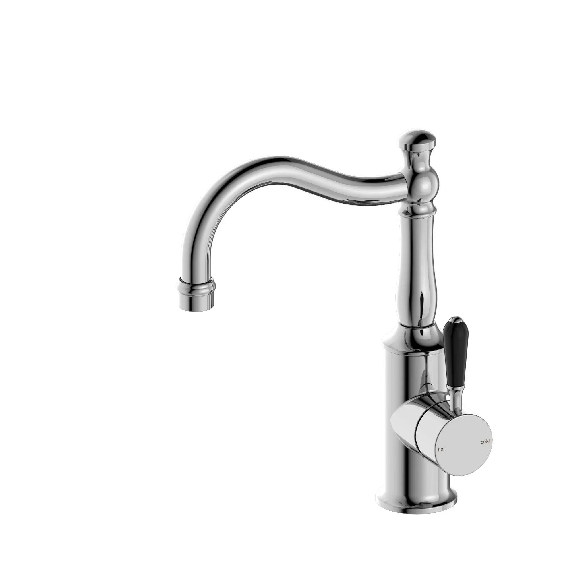 NERO YORK BASIN MIXER HOOK SPOUT WITH BLACK PORCELAIN LEVER CHROME - Ideal Bathroom CentreNR69210203CH