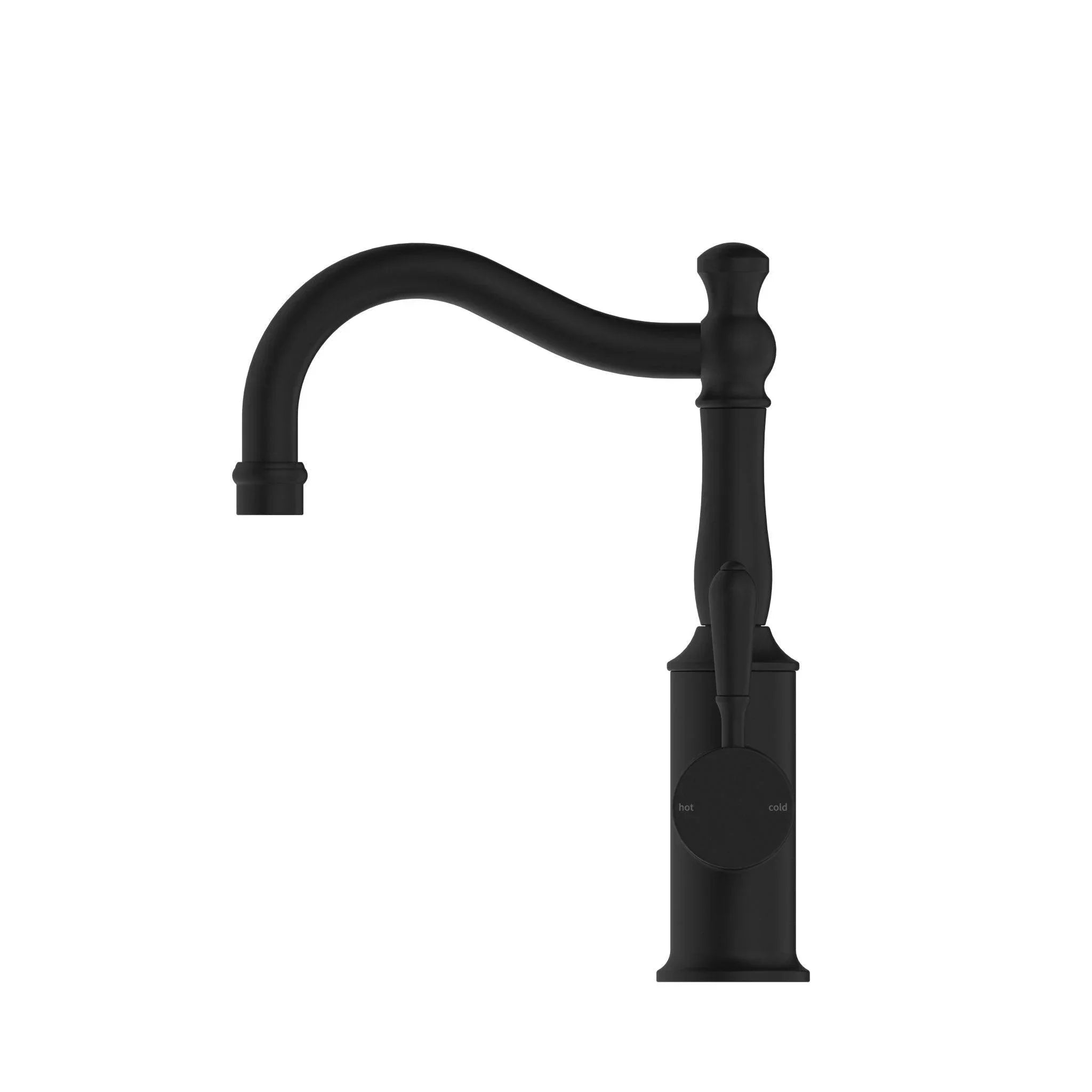NERO YORK BASIN MIXER HOOK SPOUT WITH METAL LEVER MATTE BLACK - Ideal Bathroom CentreNR69210202MB