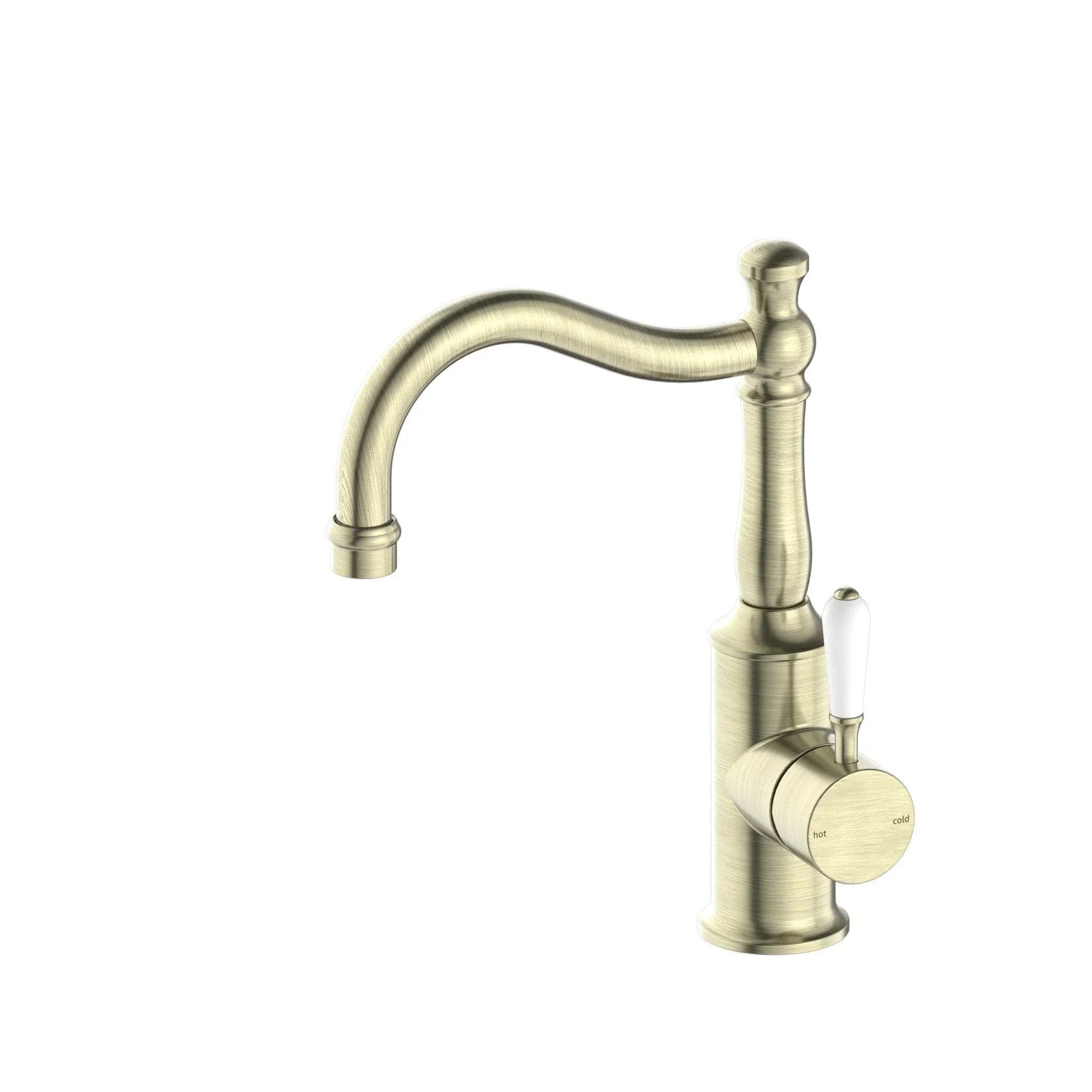 NERO YORK BASIN MIXER HOOK SPOUT WITH WHITE PORCELAIN LEVER AGED BRASS - Ideal Bathroom CentreNR69210201AB