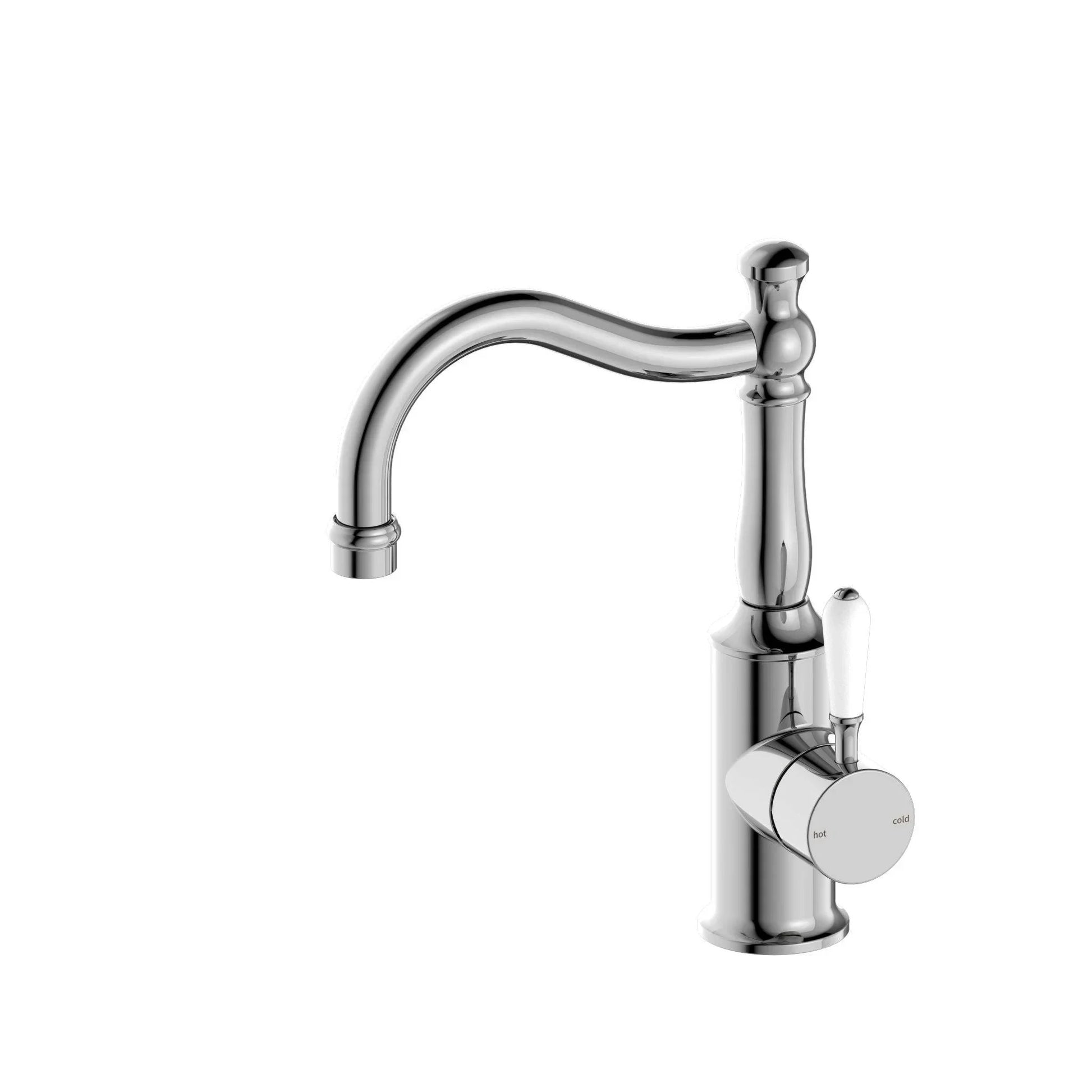 NERO YORK BASIN MIXER HOOK SPOUT WITH WHITE PORCELAIN LEVER CHROME - Ideal Bathroom CentreNR69210201CH