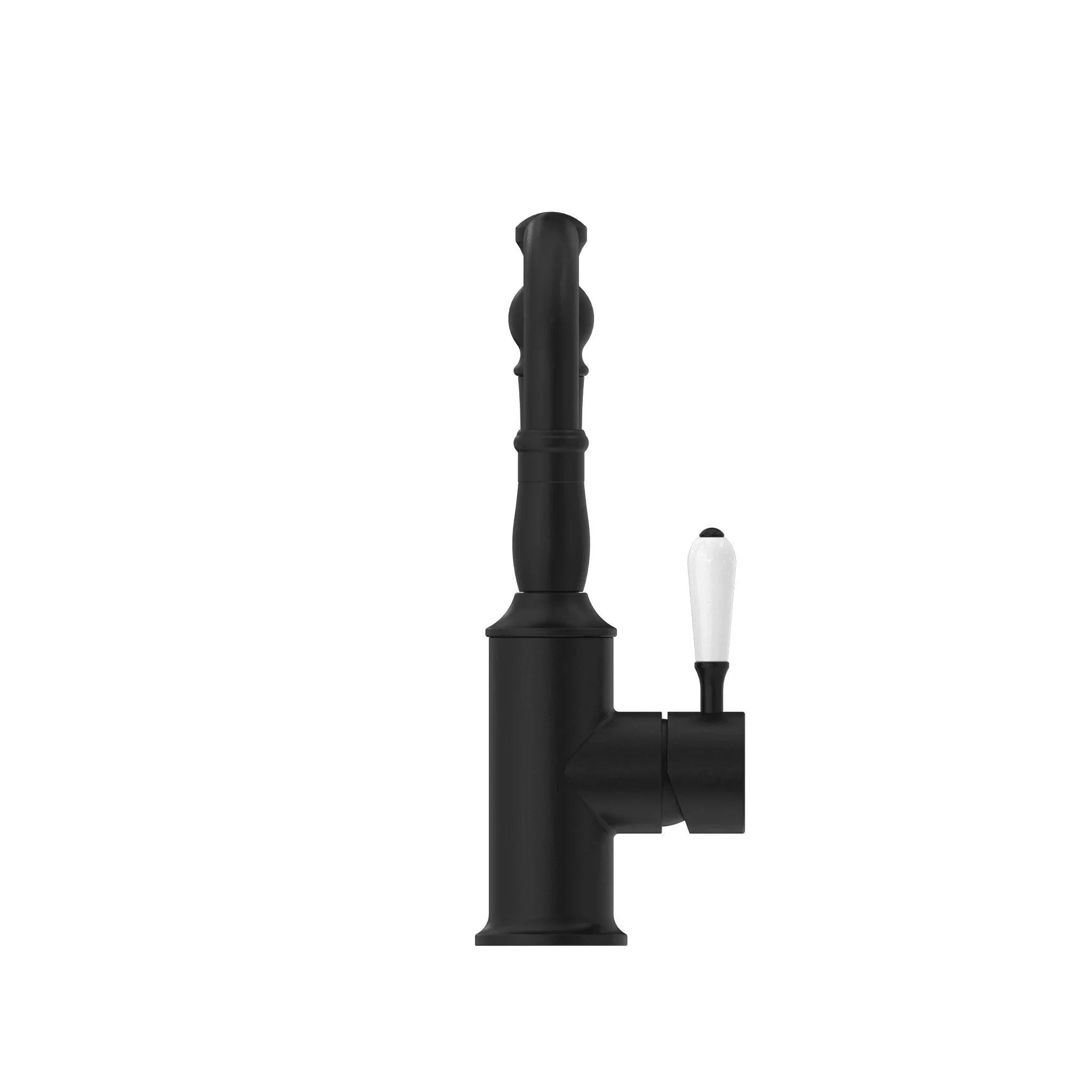 NERO YORK BASIN MIXER HOOK SPOUT WITH WHITE PORCELAIN LEVER MATTE BLACK - Ideal Bathroom CentreNR69210201MB
