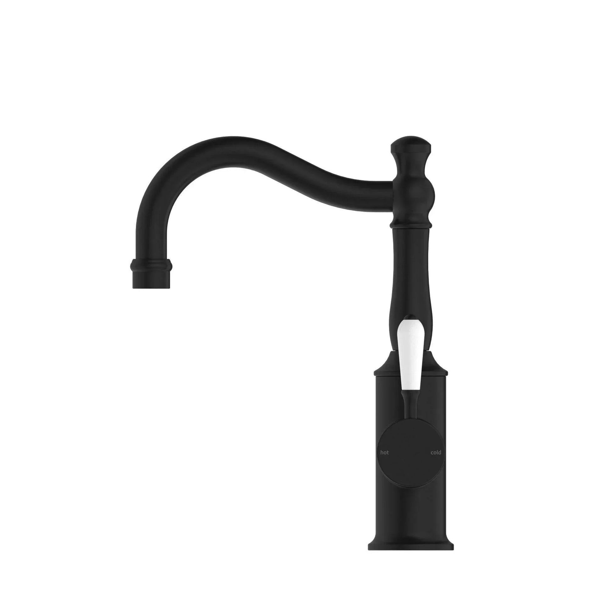 NERO YORK BASIN MIXER HOOK SPOUT WITH WHITE PORCELAIN LEVER MATTE BLACK - Ideal Bathroom CentreNR69210201MB