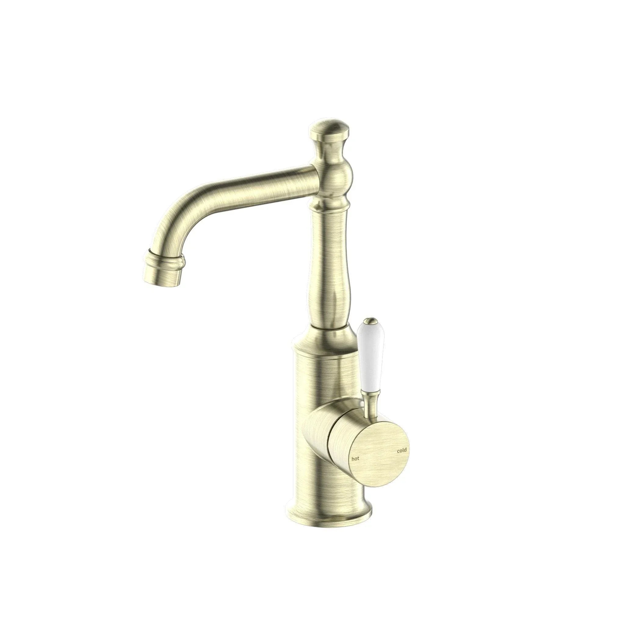 NERO YORK BASIN MIXER WITH WHITE PORCELAIN LEVER AGED BRASS - Ideal Bathroom CentreNR69210101AB