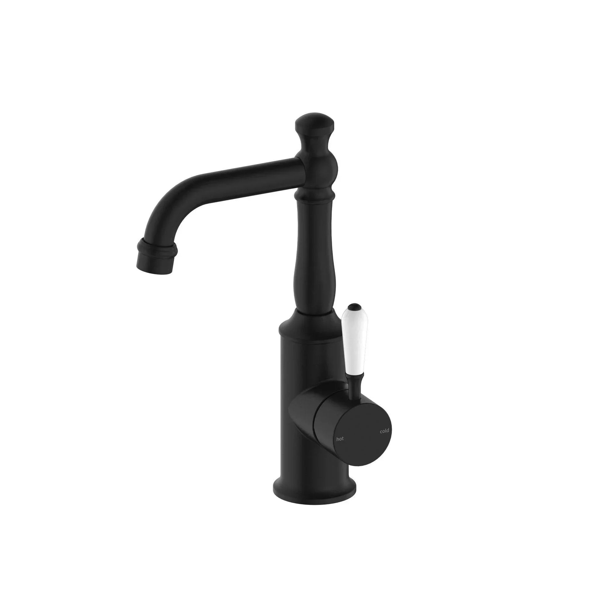NERO YORK BASIN MIXER WITH WHITE PORCELAIN LEVER MATTE BLACK - Ideal Bathroom CentreNR69210101MB