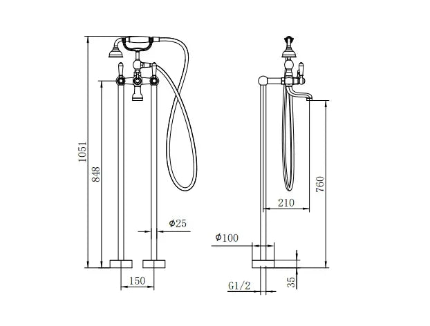 NERO YORK FREESTANDING BATH MIXER WITH METAL HAND SHOWER CHROME - Ideal Bathroom CentreNR692103a02CH