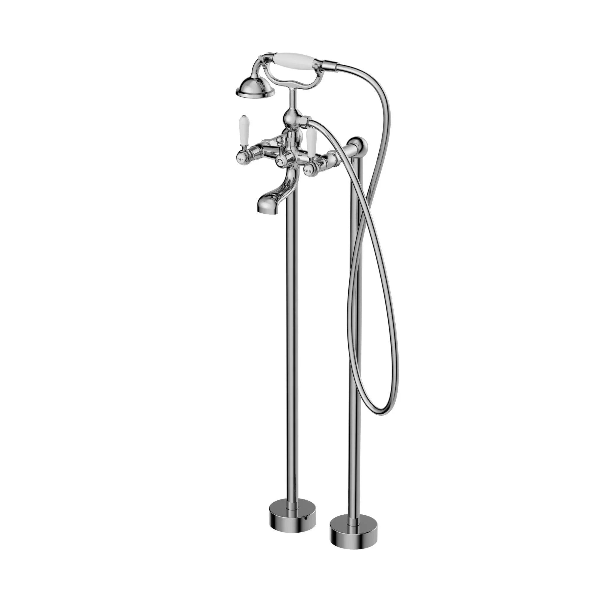 NERO YORK FREESTANDING BATH MIXER WITH WHITE PORCELAIN HAND SHOWER CHROME - Ideal Bathroom CentreNR692103a01CH