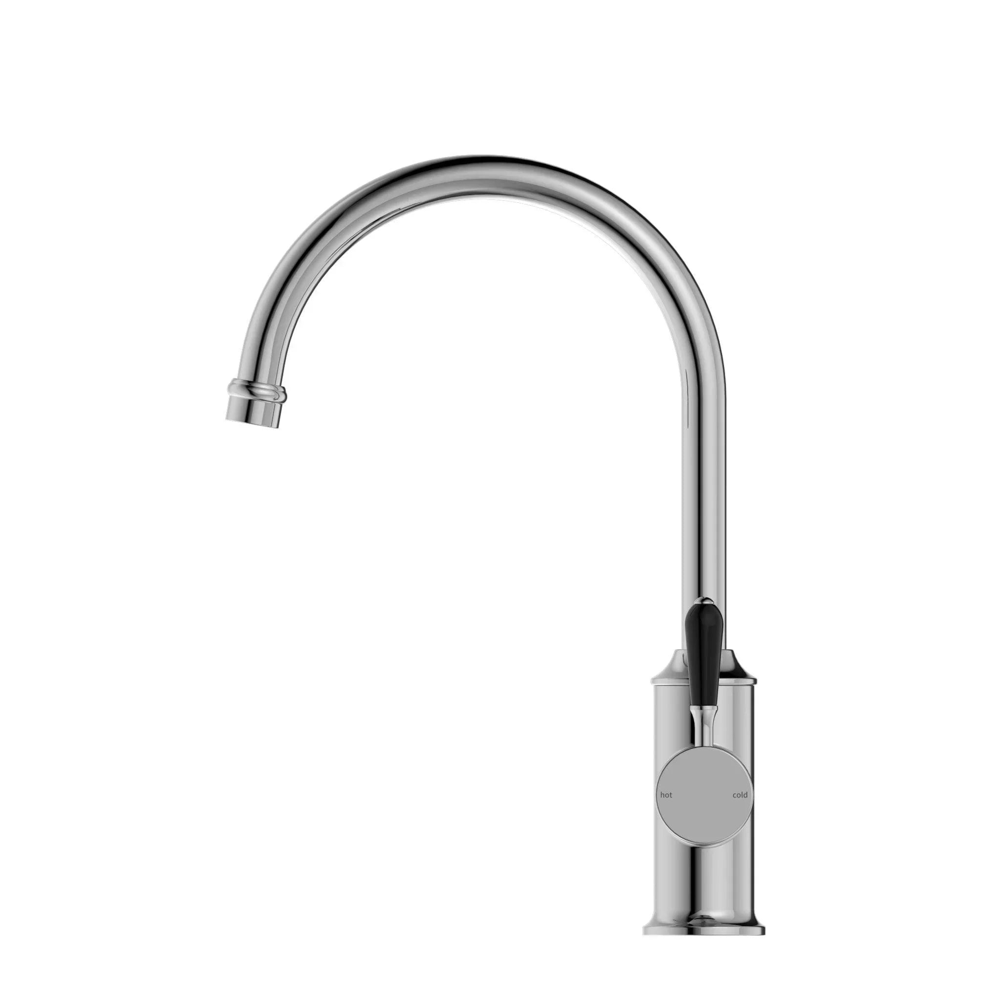 NERO YORK KITCHEN MIXER GOOSNECK SPOUT WITH BLACK PORCELAIN LEVER CHROME - Ideal Bathroom CentreNR69210603CH