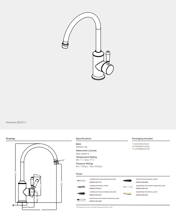 NERO YORK KITCHEN MIXER GOOSNECK SPOUT WITH METAL LEVER AGED BRASS - Ideal Bathroom CentreNR69210602AB