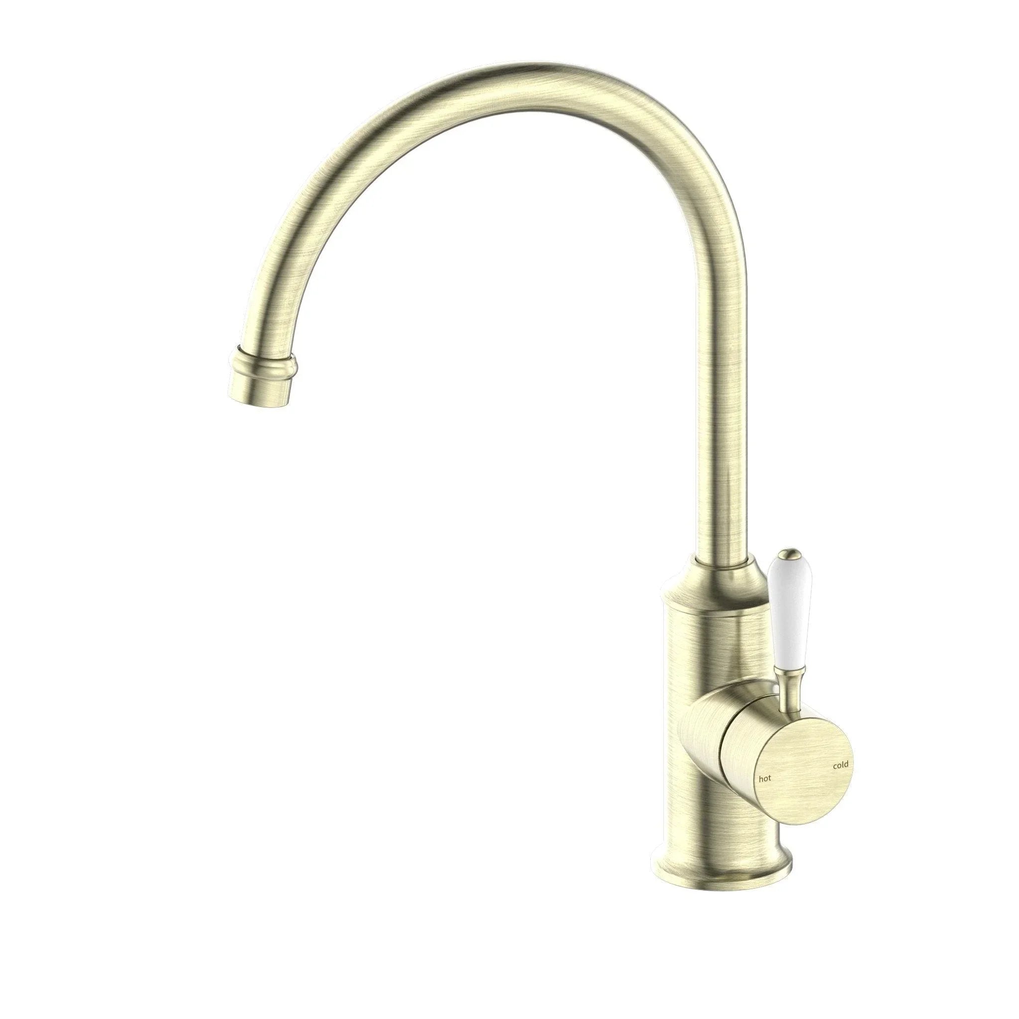 NERO YORK KITCHEN MIXER GOOSNECK SPOUT WITH WHITE PORCELAIN LEVER AGED BRASS - Ideal Bathroom CentreNR69210601AB