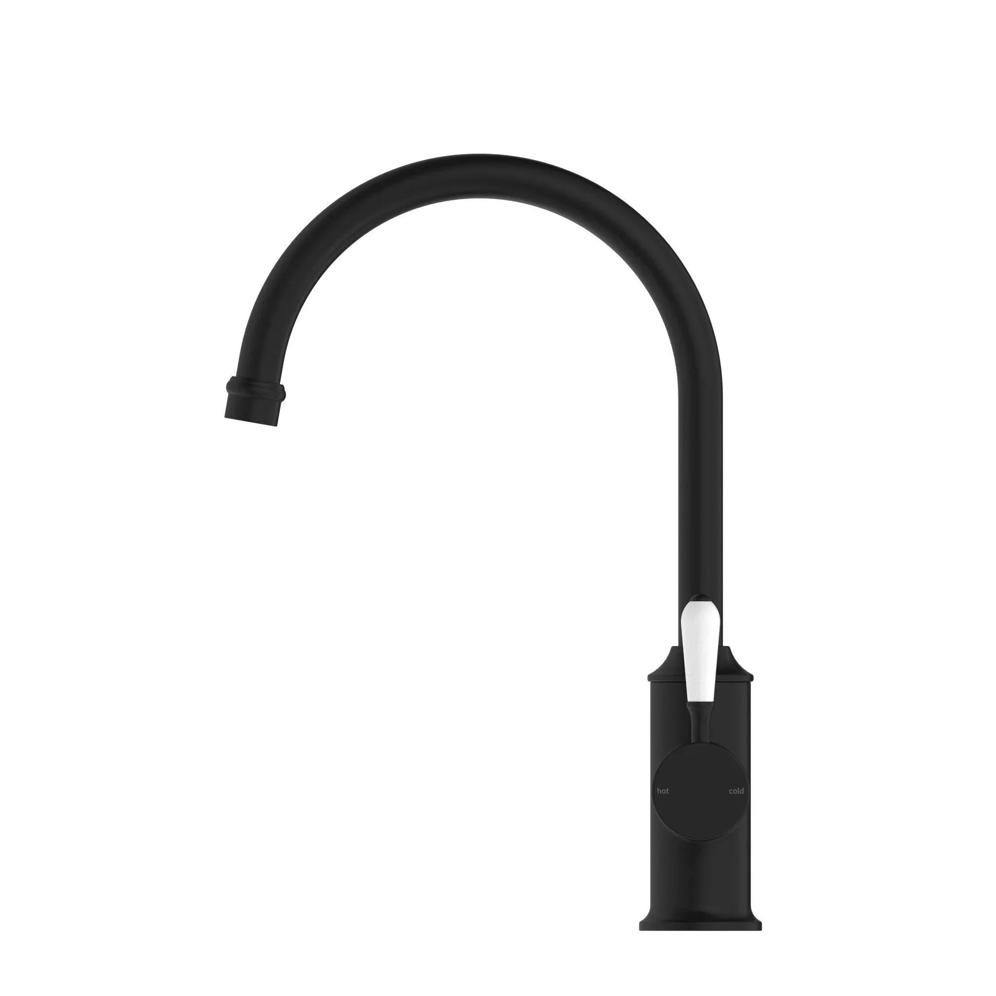 NERO YORK KITCHEN MIXER GOOSNECK SPOUT WITH WHITE PORCELAIN LEVER MATTE BLACK - Ideal Bathroom CentreNR69210601MB