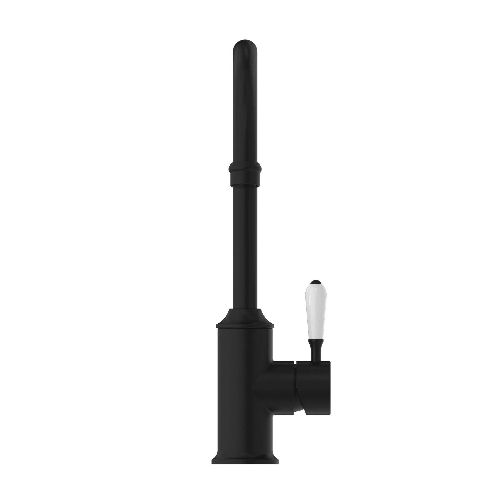NERO YORK KITCHEN MIXER GOOSNECK SPOUT WITH WHITE PORCELAIN LEVER MATTE BLACK - Ideal Bathroom CentreNR69210601MB