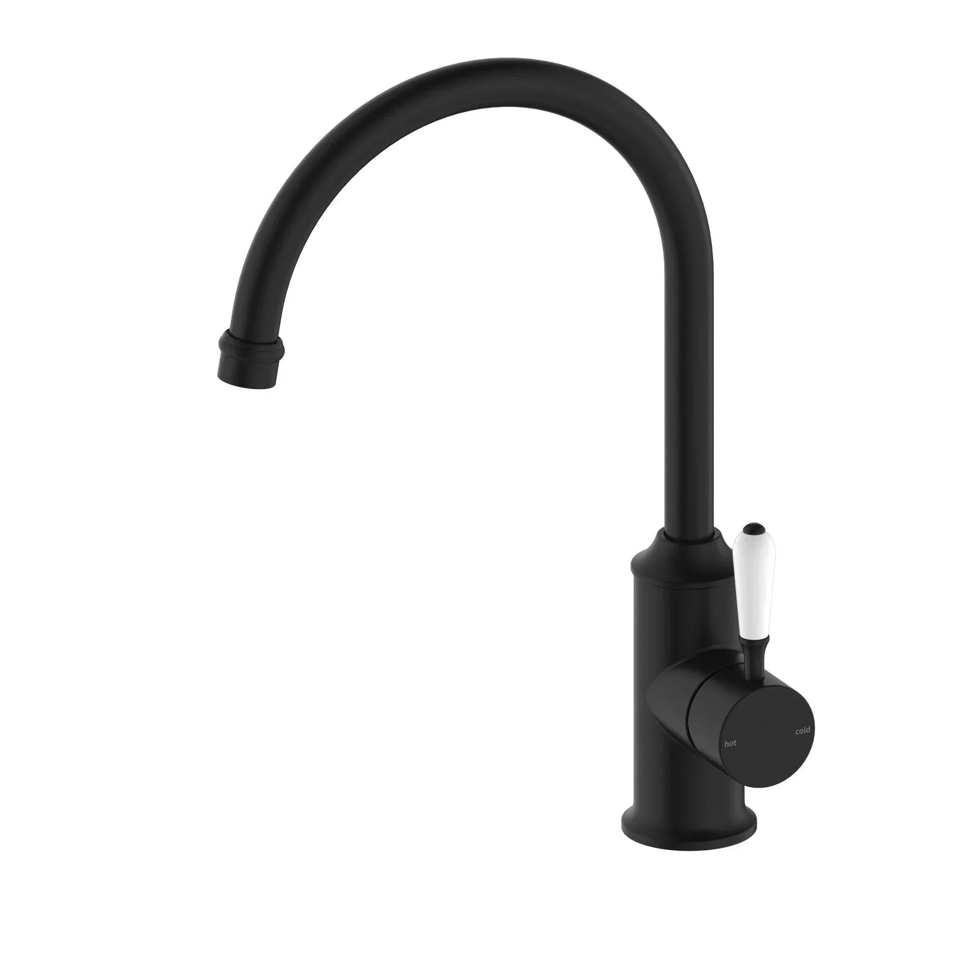 NERO YORK KITCHEN MIXER GOOSNECK SPOUT WITH WHITE PORCELAIN LEVER MATTE BLACK - Ideal Bathroom CentreNR69210601MB