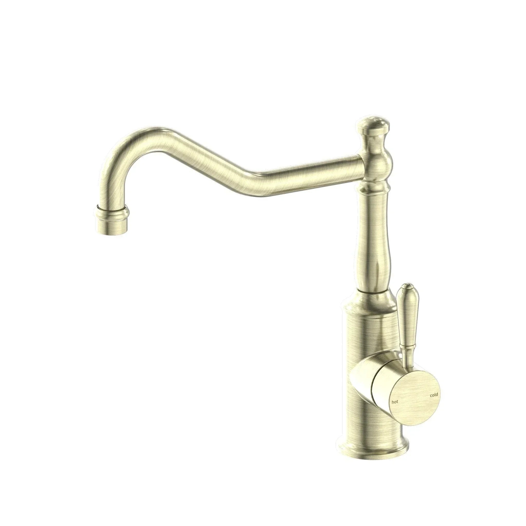 NERO YORK KITCHEN MIXER HOOK SPOUT WITH METAL LEVER AGED BRASS - Ideal Bathroom CentreNR69210702AB