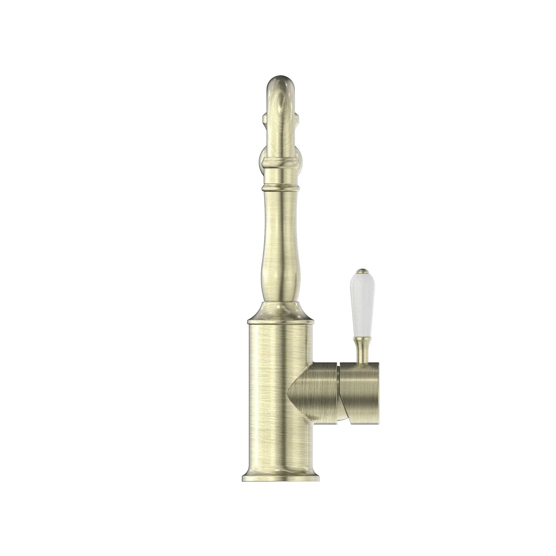 NERO YORK KITCHEN MIXER HOOK SPOUT WITH WHITE PORCELAIN LEVER AGED BRASS - Ideal Bathroom CentreNR69210701AB